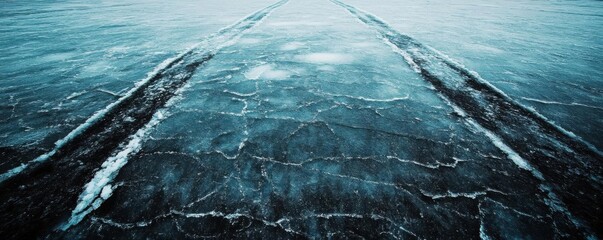 Vehicle tires struggling for traction on a thin layer of black ice, creating skid marks and a visible driving hazard