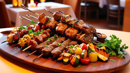 Immerse yourself in the rich flavors of the Middle East with this stunning visual of a traditional Arabic grilled meat platter. This high-resolution image showcases a variety of cooked delicacies.