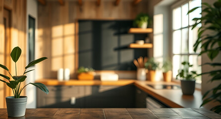 kitchen table background, wood counter top on blur of white clean abstract home interior with bokeh. used for display or montage your wooden for dining background. table banner