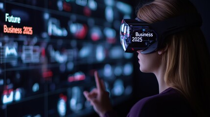 Businesswoman wearing vr headset analyzing future business trends on interactive screen