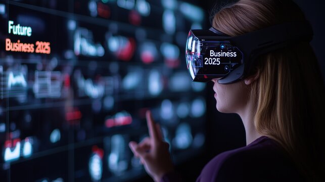 Businesswoman wearing vr headset analyzing future business trends on interactive screen - Powered by Adobe