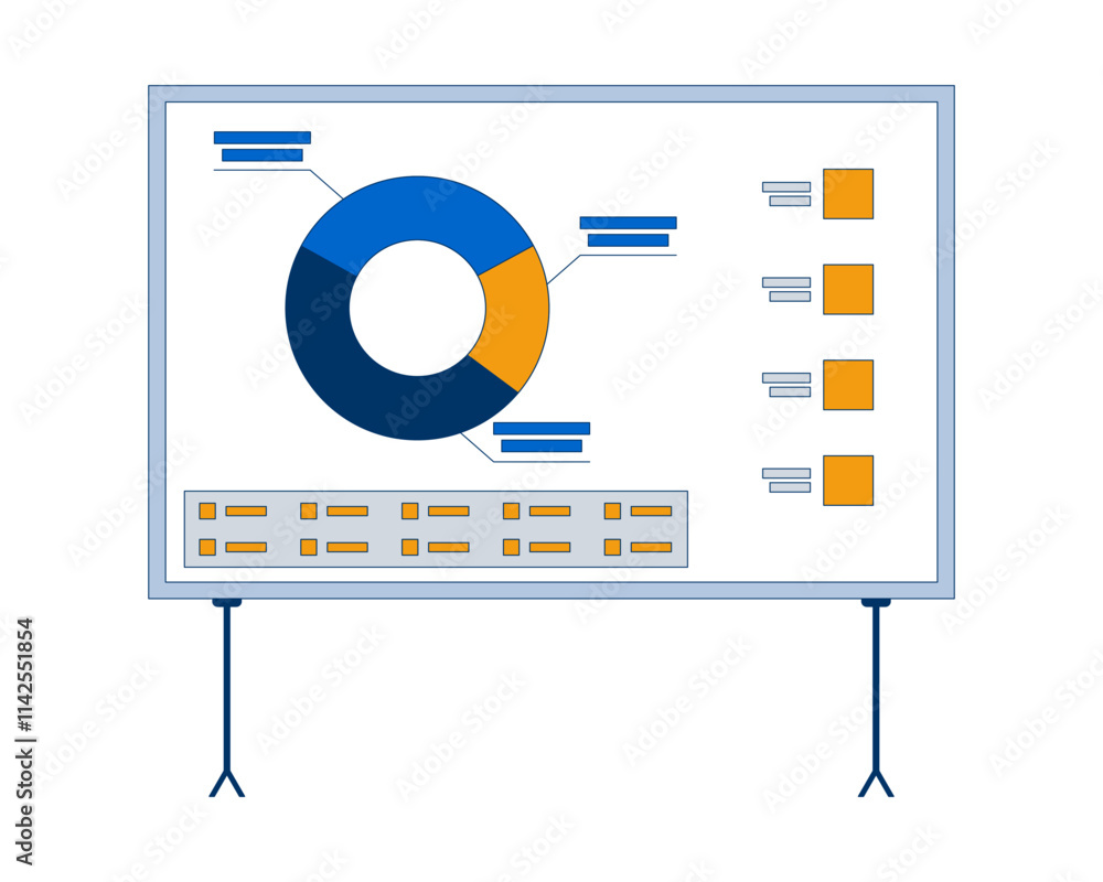 Poster segmented pie chart on presentation board 2d cartoon object. circular piechart annotated with detail