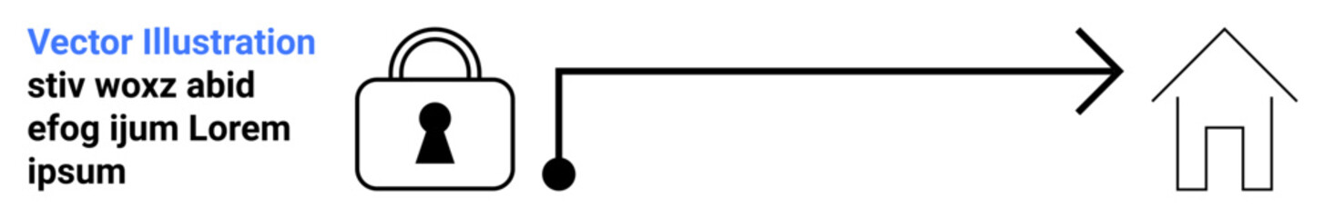 Padlock connected to a house icon via an arrow, representing secure data transfer. Ideal for cyber security, data protection, home automation, internet security, network safety, digital security