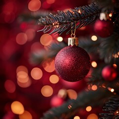 Fototapeta premium Christmas tree with ornaments and bokeh lights on red background