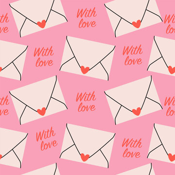 Cute seamless pattern with envelopes, hearts and cards. Vector illustration in flat style, hand drawn doodle.
