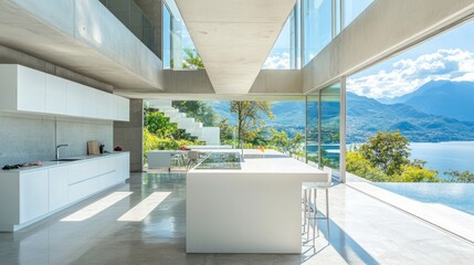 Corner of panoramic kitchen with concrete walls, stone floor, white island with built in sink and cooker, white cupboards and bar with stools. 3d rendering