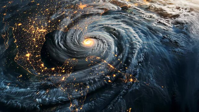 The video captures a dramatic aerial perspective of a hurricane swirling over the Gulf of Mexico during nighttime, with illuminated cities beneath the storm.