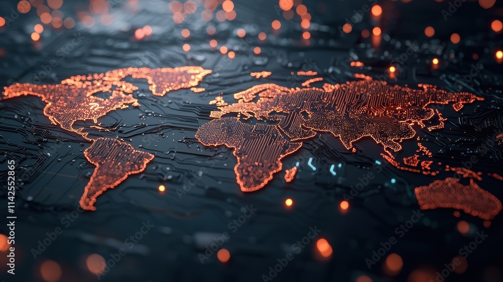 Poster a futuristic world map projected onto a holographic display, featuring glowing lines representing gl