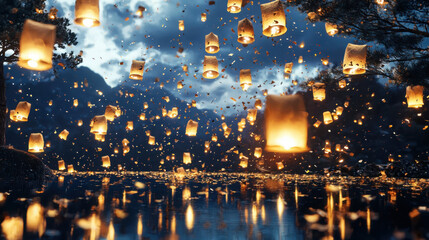 Fototapeta premium Enchanting lantern festival with floating confetti outdoor night event magical atmosphere scenic viewpoint