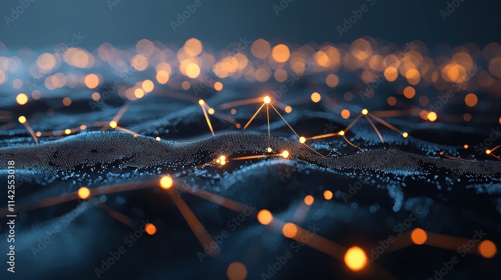 Aufkleber an abstract, digital map composed of glowing nodes, interconnected lines, and data visualizations, r