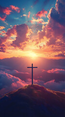 Fototapeta premium Dramatic sunset sky with cross standing on a mountain peak, symbolizing faith, hope, and resurrection during easter