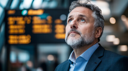 Obraz premium A middle-aged, bearded man in a suit looks intently at an electronic departure board in a modern airport, conveying travel, anticipation, and contemplation.