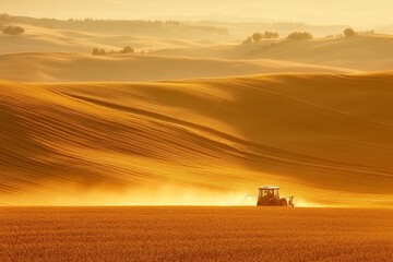 Obraz premium Serene Golden Landscape of Rolling Hills at Dusk with a Farmer Working on a Tractor Creating Dust Clouds in a Peaceful Agricultural Setting