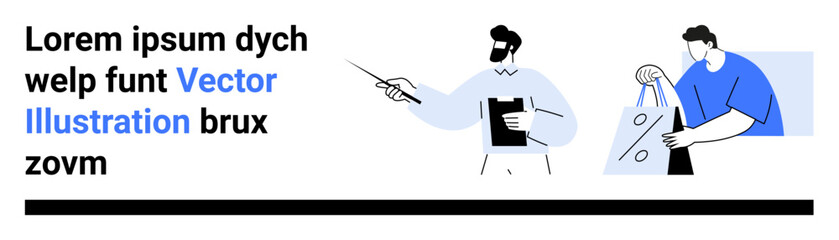 Business professional pointing at data with clipboard, colleague placing items in reusable bag. Ideal for team collaboration, business presentation, eco-friendly practices, retail, teamwork