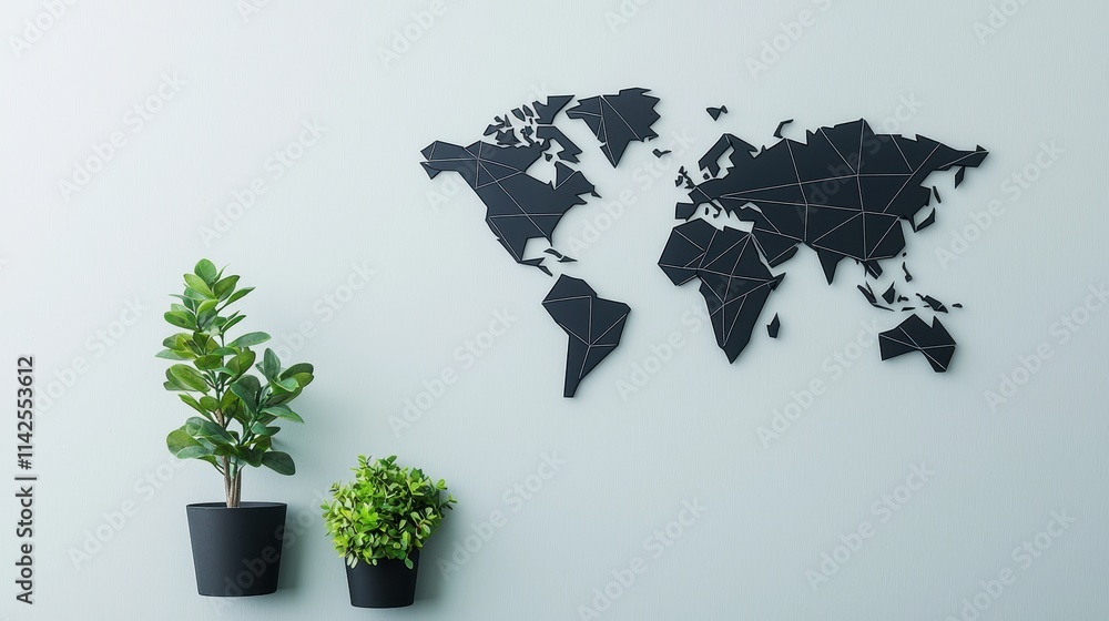 Poster a minimalist, geometric map reducing continents to simple shapes and lines, focusing on form and com