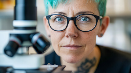 A scientist with stylish blue hair and glasses closely examines specimens under a microscope, representing scientific inquiry and curiosity in a contemporary lab setting.