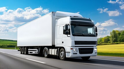 White truck transporting goods on a highway under a blue sky with green fields