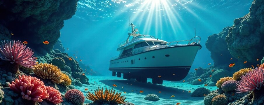 Barco hundido con vida marina y peces de fondo en un paisaje submarino, boat, marine life