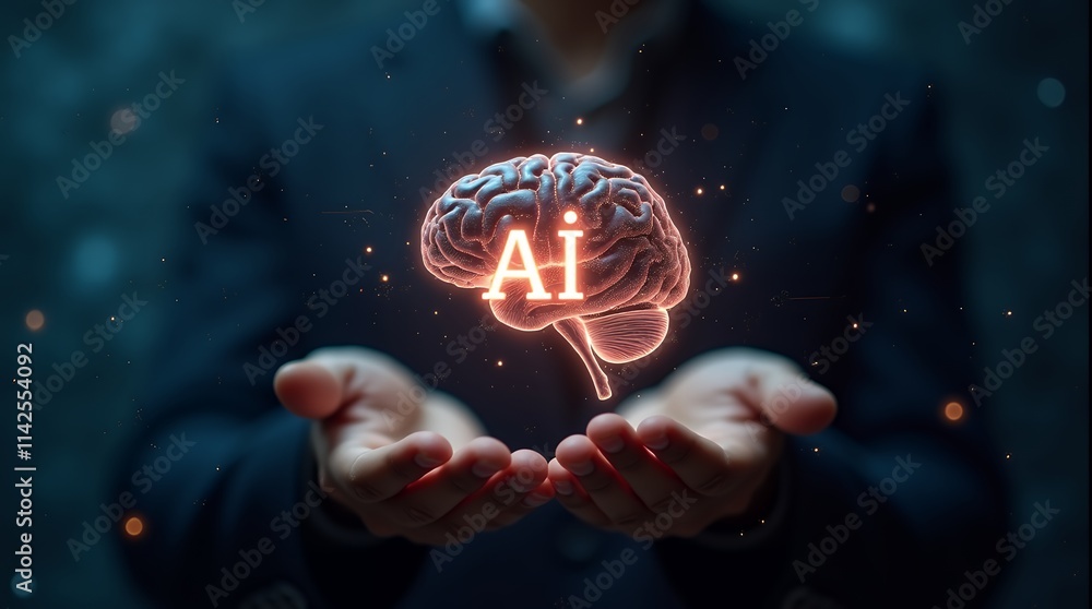 Poster a detailed depiction of a skilled man utilizing ai tools to enhance productivity and creativity in m