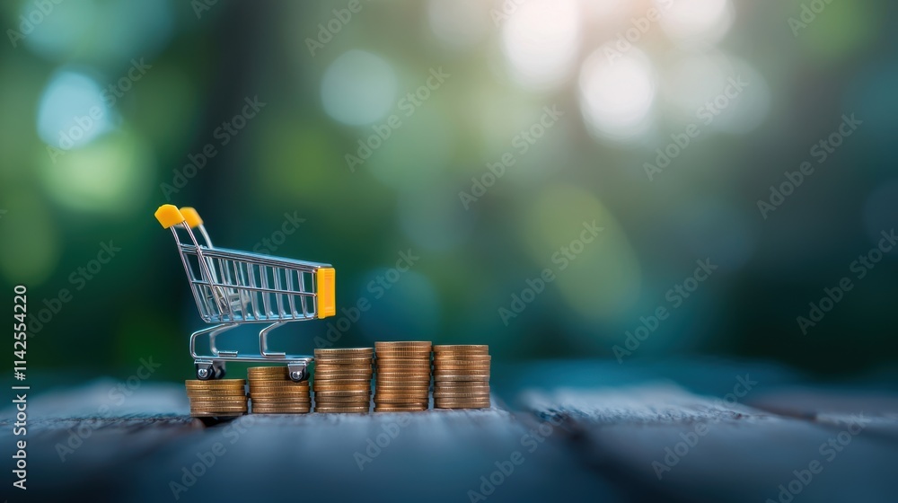 Poster a row of ascending stacks of coins with a miniature shopping cart at the base, representing the conc