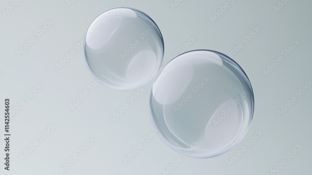 Poster two transparent soap bubbles floating on soft gray background