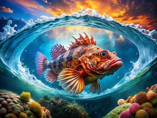 Double Exposure Stone Fish Photography: Surreal Underwater Art, Ocean Fish, Aquatic Life, Fantasy Fish