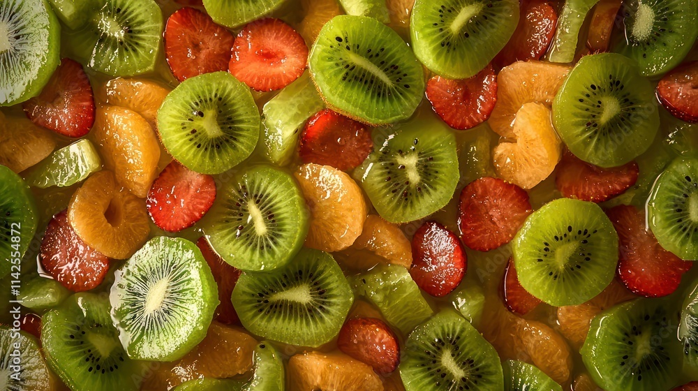 Poster an overhead view of a fruit salad featuring kiwi slices along with other colorful fruits, creating a
