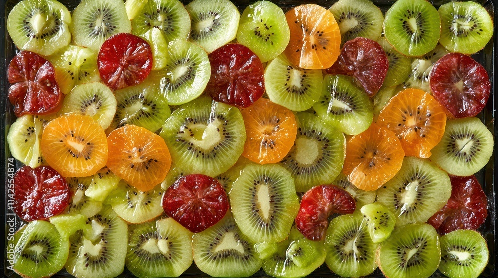Poster an overhead view of a fruit salad featuring kiwi slices along with other colorful fruits, creating a