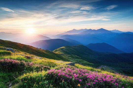 Breathtaking sunrise over mountain landscape with colorful wildflowers nature scenic viewpoint tranquil atmosphere