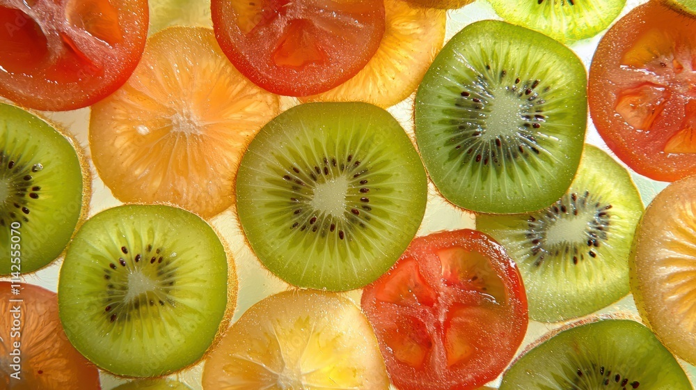 Poster an overhead view of a fruit salad featuring kiwi slices along with other colorful fruits, creating a