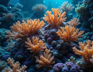 Fototapeta premium An alien coral reef with structures shaped like musical notes, emitting a soft bioluminescent glow 