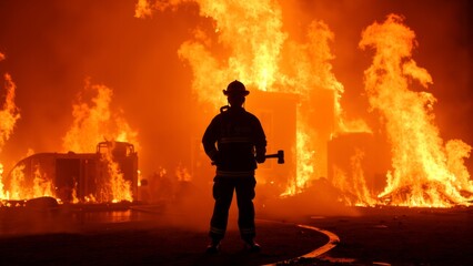 Brave Firefighter at Rescue Mission, Holding an Axe and Ready to Tackle Blaze, Firefighting Heroism and Emergency Response