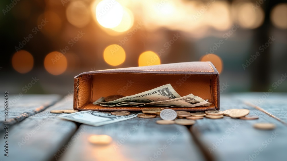 Poster an empty wallet lying open on a table with scattered bills and coins, reflecting financial hardship,