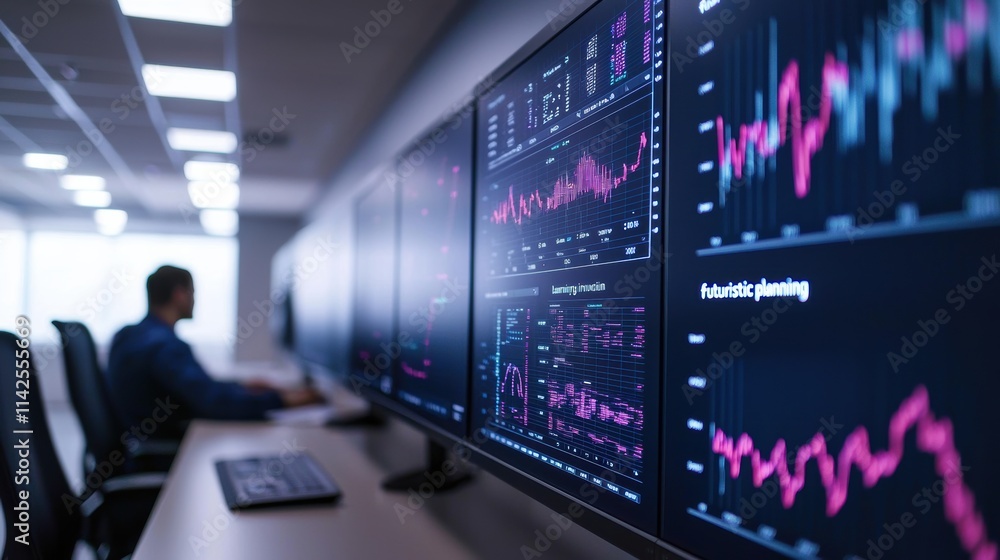 Poster stock market broker analyzing graphs on multiple monitors in office