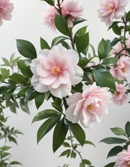 A delicate pink and white camellia flower blooming on its own amidst lush greenery on a white background, macro photography, botanical photography