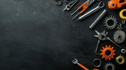 Parts of bicycle and tools on black table, flat lay Space for text