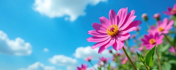 Bee balm flower in full bloom against a bright blue sky, flowering plants, spring flowers, bee attractant
