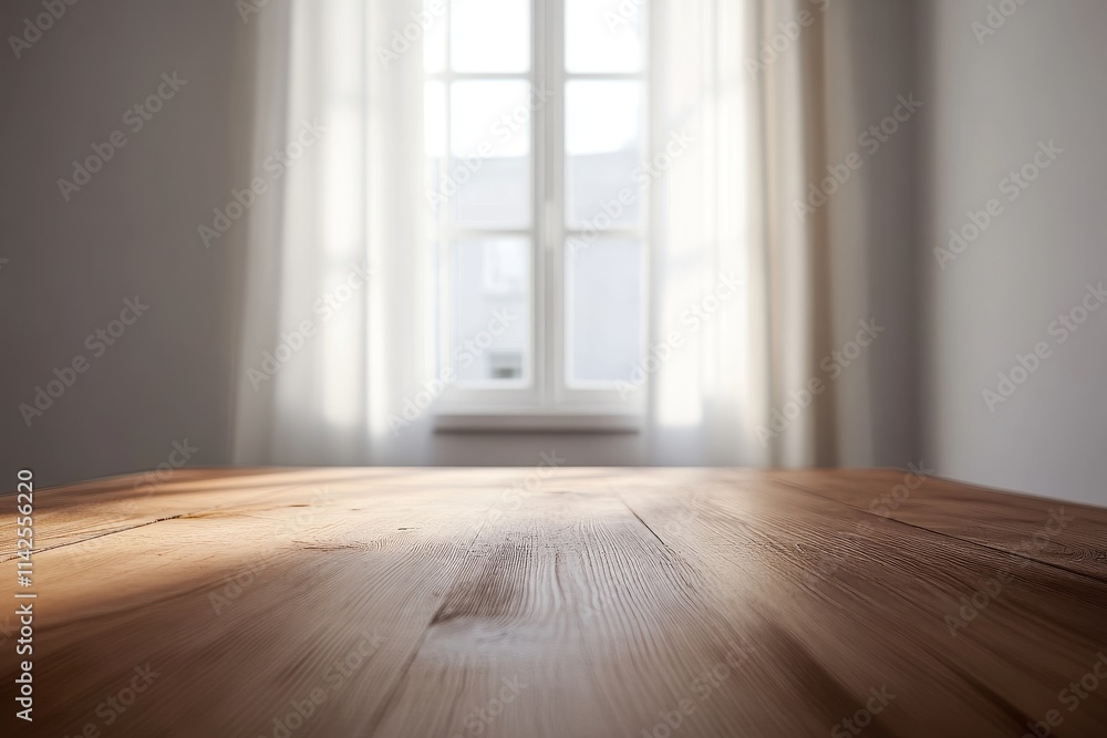 Poster soft morning light streaming through a window onto a wooden table in a minimalist room creating a ca
