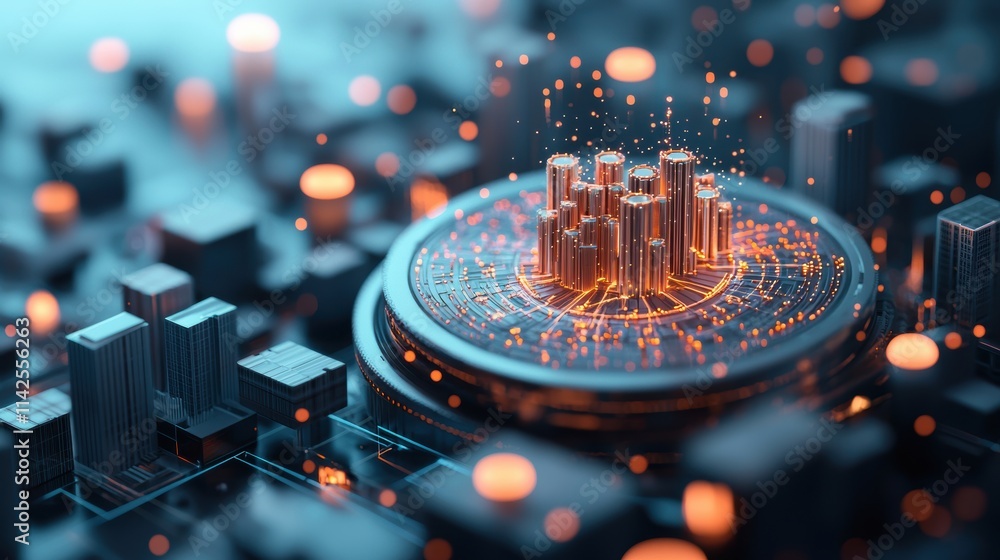 Poster a futuristic cityscape with holographic projections of bitcoin symbols and blockchain networks, repr