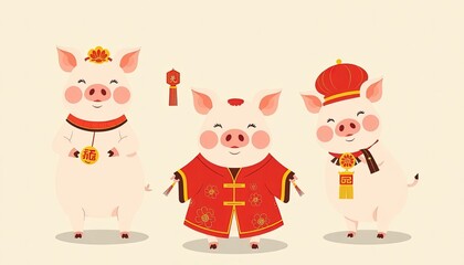 Naklejka premium Pig Celebrates Chinese New Year - New Year Card with Pig - Chinese Pig On The Wall - Pig in Cheongsam