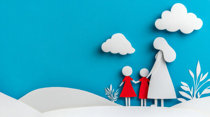 Illustration of a serene family scene in paper art style, depicting a mother and two kids holding hands under a blue sky with fluffy white clouds, symbolizing unity and peace.
