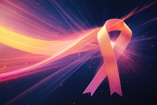 Pink ribbon on dynamic light background symbolizing breast cancer awareness