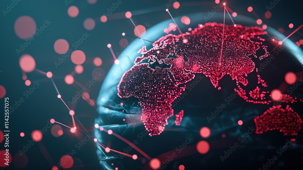 Poster a network of glowing nodes and lines encircling a rotating earth, representing the global flow of da