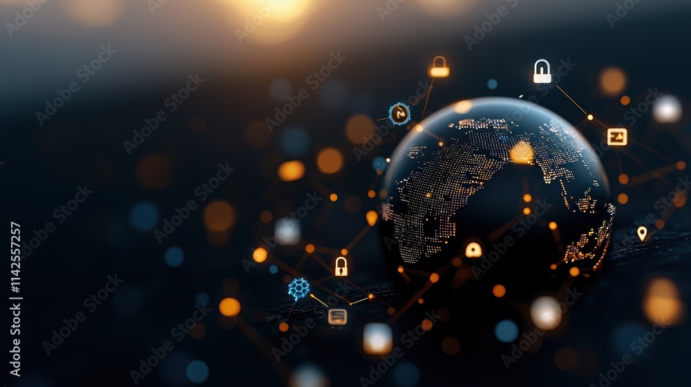 Poster a web of interconnected icons representing various technologies like ai, iot, and blockchain, formin