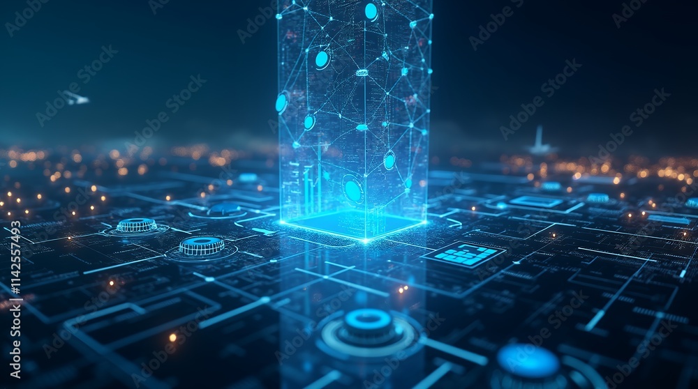 Poster a tall vertical holographic display showcasing interconnected shipping routes and glowing cargo icon