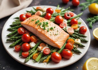 Baked salmon fillet served on a bed of asparagus and cherry tomatoes, topped with shaved fresh parmesan cheese , seafood dinner, healthy dinner options