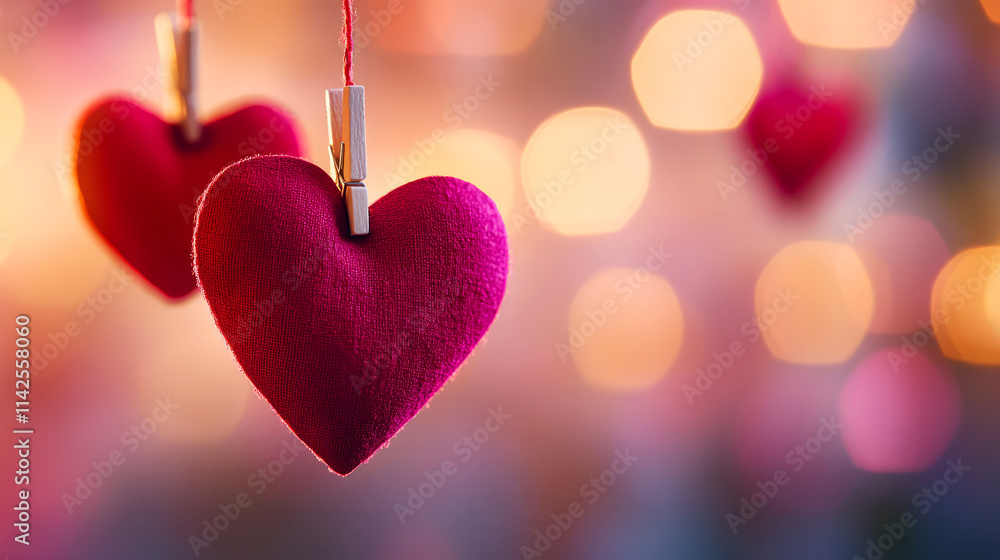 Poster soft focus pink hearts hanging on a string against a colorful bokeh background