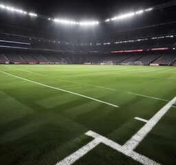 Fototapeta premium Brightly lit football field with multiple shadows cast by the stadium lights, shadows, , stadium lights