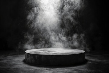 Podium black dark smoke background product platform abstract stage texture fog spotlight