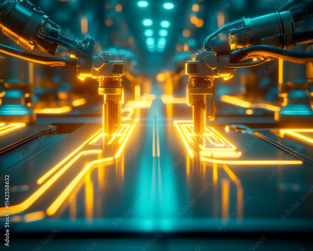 Poster close-up of advanced robotics in a futuristic manufacturing environment with glowing elements and in